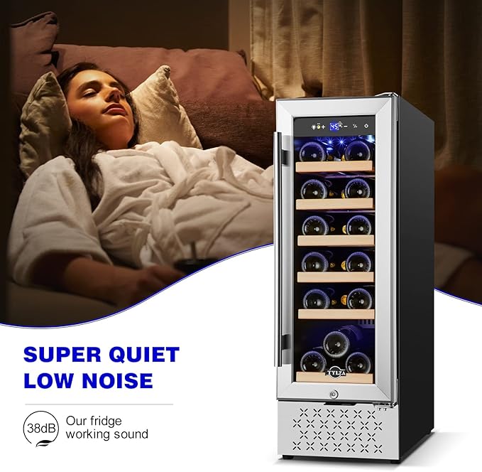 Tylza 12" Wine Cooler Refrigerator 18 Bottle Capacity, Compact Freezerless, Temperature Stability, Low Noise, Double-Layer Tempered Glass Door