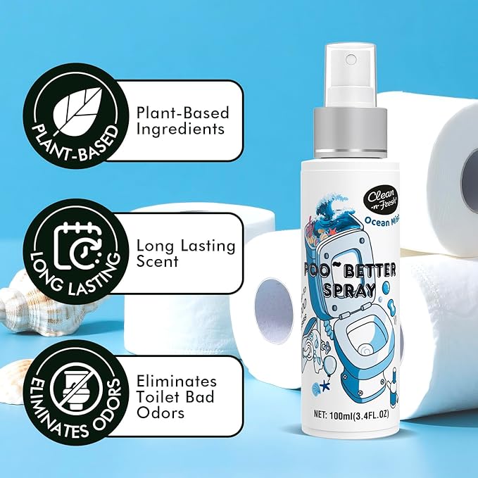 Clean-n-Fresh Toilet Spray, Ocean Mist, Air Freshener Bathroom Spray, Toilet Bathroom Odor Deodorizer, 6.8 Fl.Oz - Sea Salt, Jasmine & Bergamot