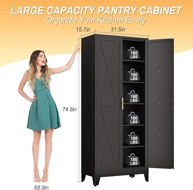 75" Tall Metal Kitchen Pantry Storage Cabinet, Freestanding Cupboard with 2 Doors and 5 Adjustable Shelves, Standing Storage for Kitchen, Bathroom, Garage, Dinning Room or Utility Room（Black）