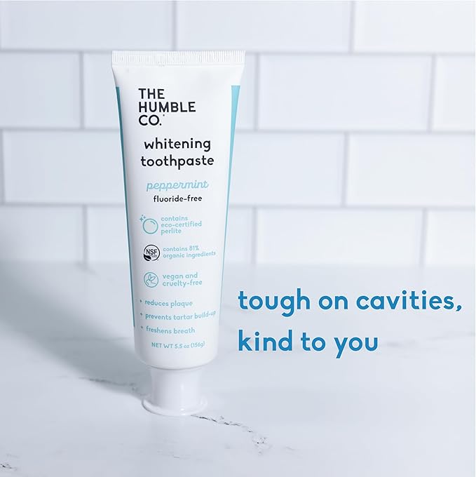 The Humble Co. Natural Whitening Toothpaste - Peppermint, Fluoride Free, Fresh Breath, Plaque Removal, Vegan & Cruelty Free, Non-Toxic SLS Free (5.5 oz, 2pk)