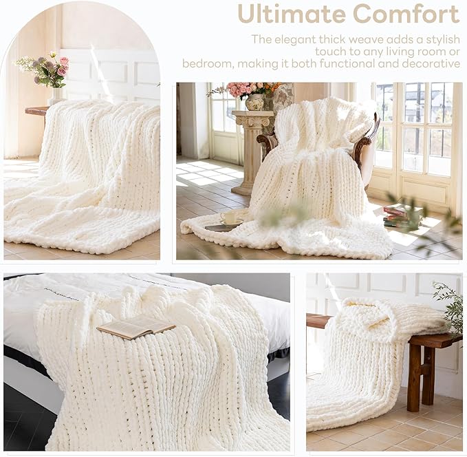 Chunky Knit Blanket - Luxury Soft Cozy Extra Large Size (80 * 90) Throw Blanket,100% Woven Blanket Rope Knot Throw Blanket for Couch, Sofa, Home Decor, Gift - Machine Washable（Milk White ）