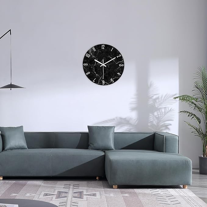 Marble Minimalist Wall Clock for Living Room Black Wall Clocks Battery Operated 20 Inch Big Glass Wall Clock Non Ticking