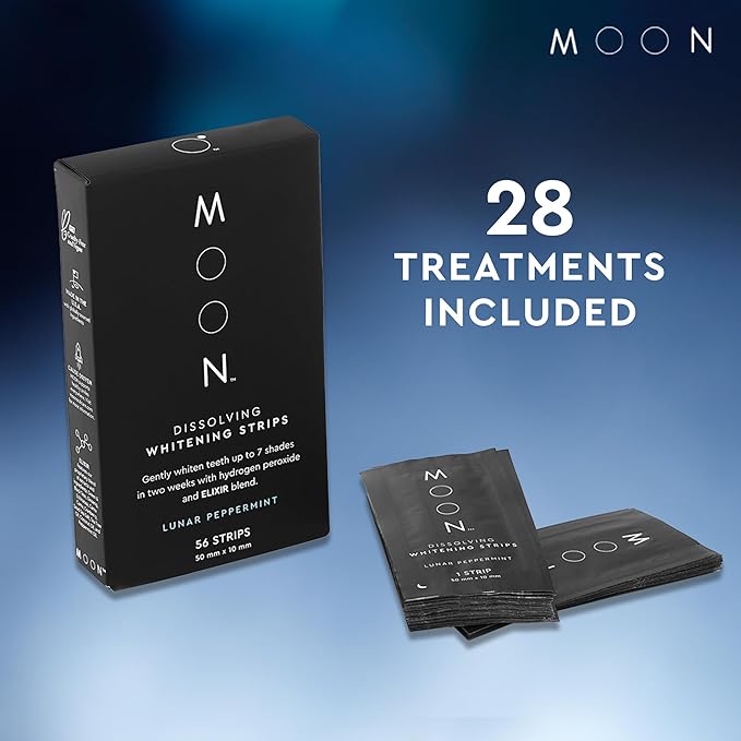MOON Dissolving Teeth Whitening Strips - Vegan, Easy-to-Use, No Rinse White Strips - Hydrogen Peroxide and Essential Oils Infused Gentle Teeth Whitening Kit - Travel Essentials for Oral Care (56 Ct)