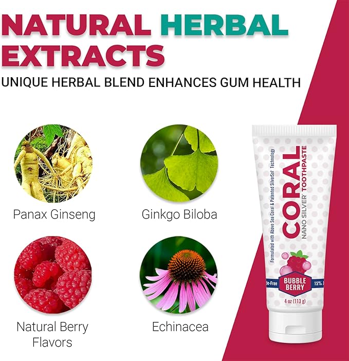 Coral Nano Silver Bubble Berry Kids Toothpaste, Natural Fluoride Free Teeth Whitening Toothpaste, Coral Calcium Nano Silver Infused SLS Free - 4 Ounces (2 Pack)