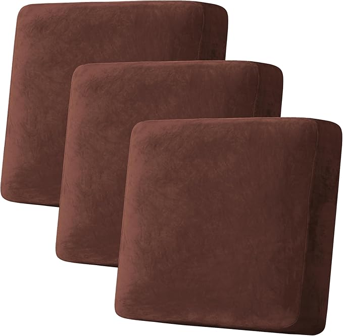 H.VERSAILTEX Velvet Stretch Couch Cushion Cover Plush Cushion Slipcover for Chair Loveseat Sofa Cushion Furniture Protector Seat Cushion Sofa Cover (3 Piece XL Sofa Cushion Covers, Burnt Brick)