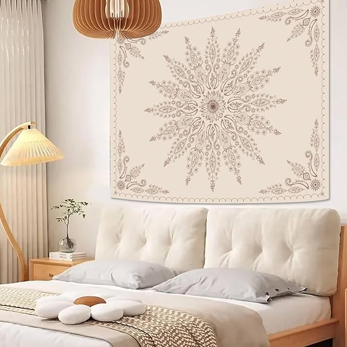 Fowocu Boho Floral Mandala Tapestry for Bedroom Aesthetic Bohemian Flower Wall Tapestry Beige Hippie Indian Small Tapestries Wall Hanging for Living Room Dorm Decor 60 x 44 Inch