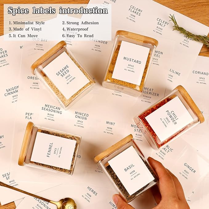 12 Pcs Square Glass Spice Jars with Natural Bamboo Lids - 9oz Airtight Herb Containers with 148 Waterproof Minimalist Spice Labels Preprinted - Empty Small Seasoning Jars for Kitchen Pantry