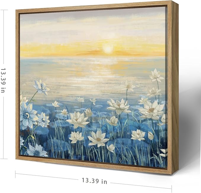 Bathroom Decor Wall Art-Framed Canvas Wall Art Modern Beach Coastal Floral Sunset Boho Ocean Artwork Blue Yellow Lotus Flower Zen Wall Picture for Bedroom Kitchen Office Small