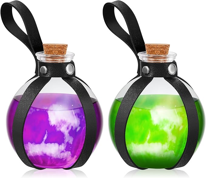 Patelai 2 Pcs Halloween Glass Potion Bottles with Belt Cork Renaissance Witch Costume Accessories Witch Props Potion Bottle for Halloween Party Decor Cosplay DIY Crafts Gift (Black)