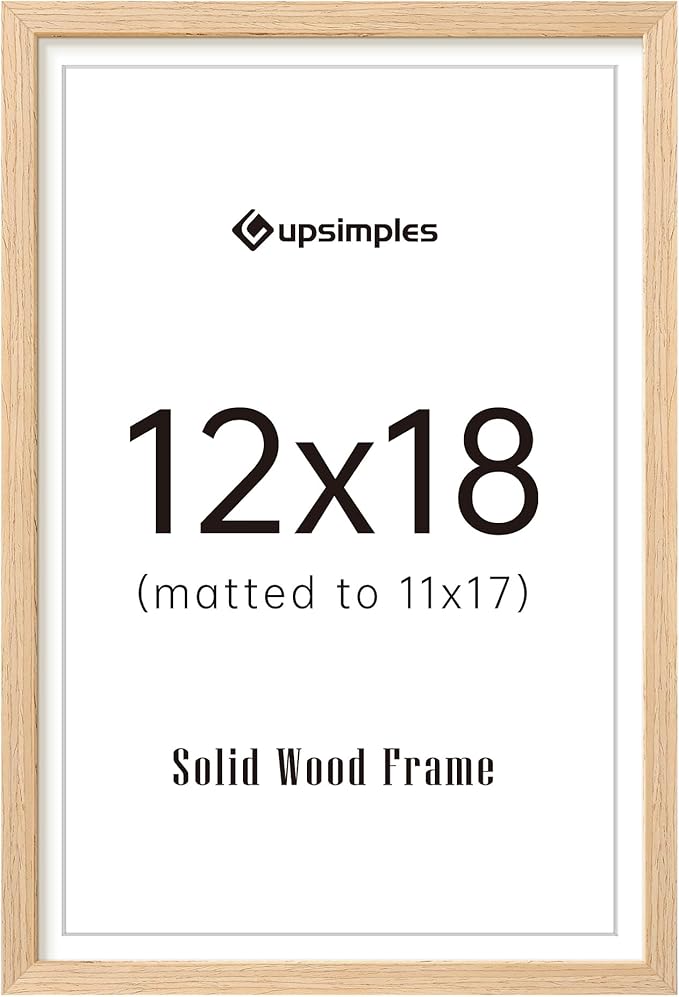 upsimples 12x18 Frame, Natural Solid Wooden Picture Frames, Display 11x17 with Mat or 12 x 18 Without Mat, Vertical or Horizontal Wall Hanging, 1 Pack, Natural