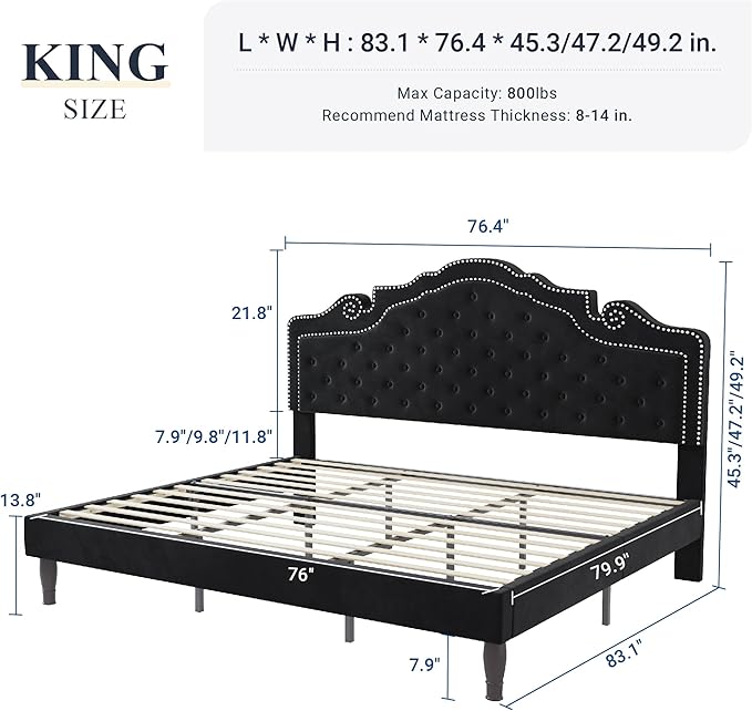 Allewie King Bed Frame with Adjustable Velvet Tiara Headboard, Upholstered Diamond Button Tufted Platform Bed, Wood Slats Support, No Box Spring Needed, Mattress Foundation, Easy Assembly, Black