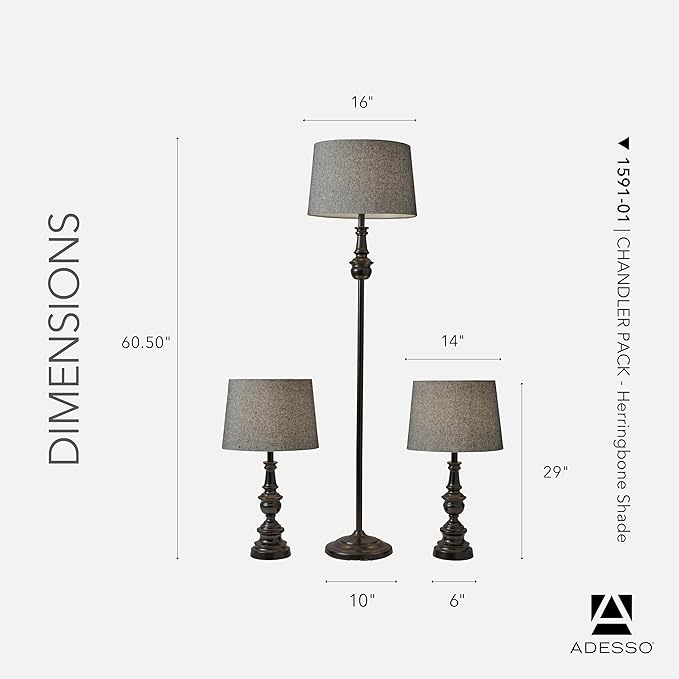 Adesso 3-Piece Lamp Set: Two Table Lamps & One Floor Lamp – Bronze Finished Base, Dark Herringbone Shade, Stylish and Cohesive Lighting for Any Space