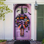 Halloween Witch Wreath Door Cover 71x35 Inch Holiday Front Porch Door Banners Decoration Purple Pumpkin Spider Web Bat Background Hanging Banner for Indoor Outdoor Spooky Party Decor