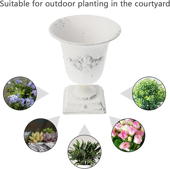 POPETPOP Tall Urn Vase Retro White Metal Urn Planter Pedestal Flower Pot Rustic Farmhouse Flower Holder for French Country Style Home Table Centerpiece Decor，5.9x5.9x7.47 inches