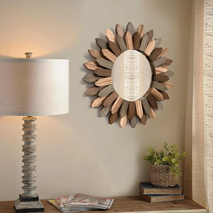 Honiway Boho Wall Decor Mirror 2 Pack 12 inch Rustic Wood Decorative Mirror for Room Decor Rustic Farmhouse Wall Decor for Bedroom Bathroom Living Room Entryway Tril Color