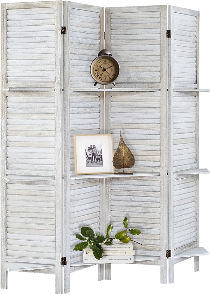 Room Divider with Shelves, Privacy Screen, Room Dividers and Folding Privacy Screens, 4 Panel Wood Temporary Wall Partition Separation Separator, Coconut