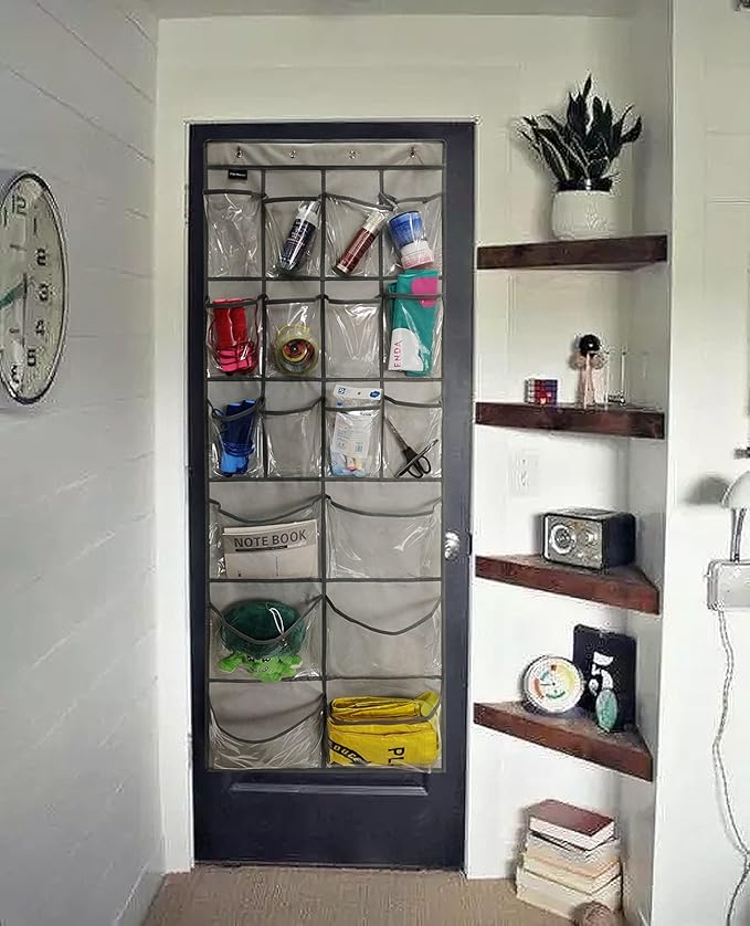 2 Pack Extra Large Hanging Crystal Clear Over Door Shoe Organizers, Closet Shoe Rack Organizer, 12+6 Pockets, 8 Hooks, Grey (59" x 21.6")