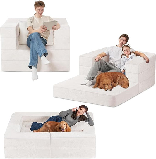 Folding Bean Bag Chair for Adults,3-in-1 Bean Bag Couch Faux Fur Floor Sofa Large Beanbag Convertible Bean Bag Sofa Bed with Pillow in Bedroom,Living Room,Apartment(Twin,Milky White)