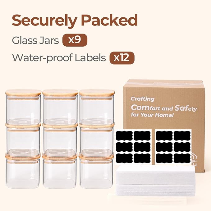 ComSaf 0.7 Qt Glass Food Storage Jars Set of 9, Clear Glass Storage Containers with Lids, Pantry Organization Jar, Spice, Blooming Tea, Oat, Coffee and Sugar Container, Small Canister Set for Kitchen
