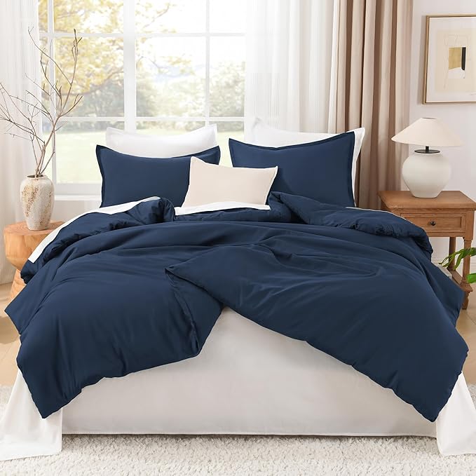 Litanika Navy Blue Oversized King Comforter Set Super King Plus Size, 3 Pieces Lightweight Solid Bedding Comforter Set, All Season Fluffy Bed Set (128x120In Comforter & 2 Pillowcases)