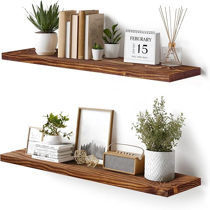 Floating Wall Shelves 2-Pack - 36-Inch Rustic Brown Wooden Shelves for Storage and Décor, Easy Installation for Living Room, Bedroom, and Kitchen