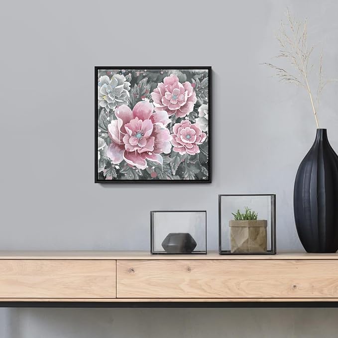 Pink Wall Art Bathroom Décor Modern Framed Floral Wall Picture Black and White Artwork Peony Flower Canvas Print for Bedroom Office Dining Room Décor Small
