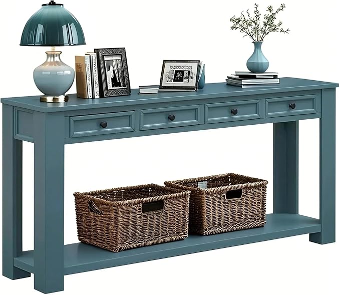 Solid Wood Console Table,63 in Long Sofa Table Entryway Table with 4 Drawers and Bottom Shelf for Hallway Living Room Couch Table,Fully Assembled (63" Dark Blue)
