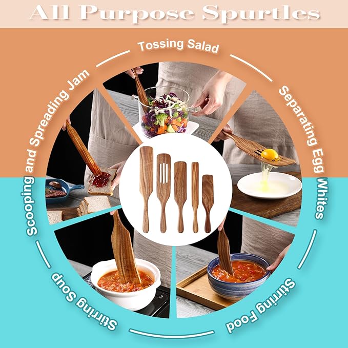 5 Pcs Wooden Spurtle Set, Natural Teak Kitchen Utensil Set Heat Resistant Non-Stick Wooden Spoons Tools for Cooking, Stirring, Mixing, Serving, Spurtles Kitchen Tools As Seen On TV