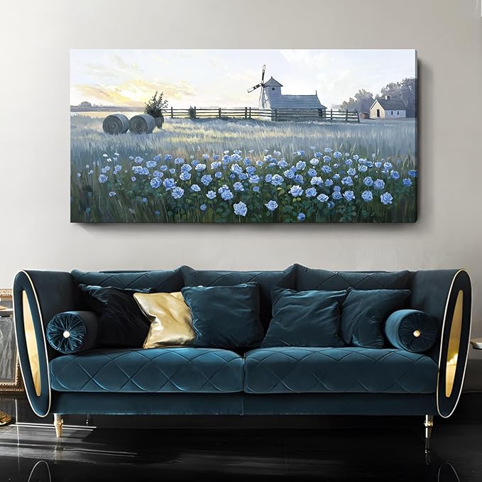 amatop Oversized Farmhouse Wall Art – Botanical Picture Flower Blue Rose & Windmill Countryside Scene Canvas Print, Large Floral Landscape Artwork Decor for Living Room Dining Room Hallway 58x29 Inch