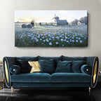 amatop Oversized Farmhouse Wall Art – Botanical Picture Flower Blue Rose & Windmill Countryside Scene Canvas Print, Large Floral Landscape Artwork Decor for Living Room Dining Room Hallway 58x29 Inch