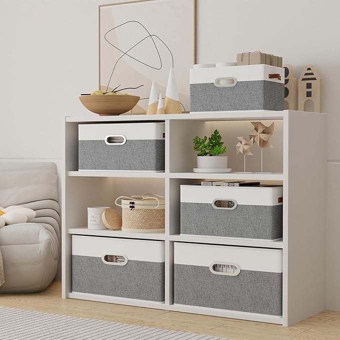 Yawinhe Fabric Storage Bins with Handles, Foldable Baskets for Shelves, Cubes with 3 Handles, Large Boxes for Clothes, White/Grey, 16.9''Lx11.8''Wx10.2''H, 4-Pack