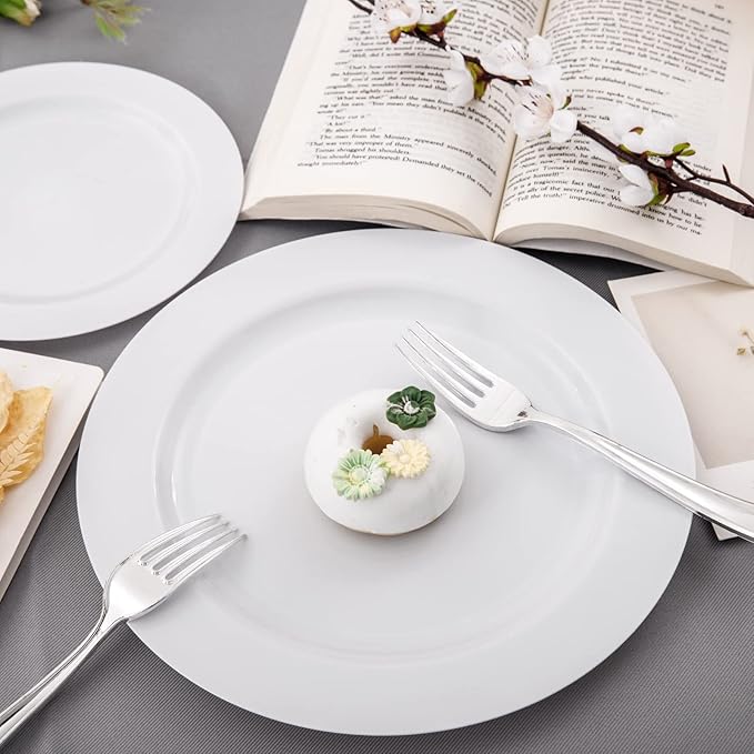 FLOWERCAT 60PCS White Plastic Plates - Heavy Duty White Disposable Plates for Birthday Party/Wedding -serve for 30 guests Include 30PCS 10.25" Dinner Plates & 30PCS 7.5" Dessert Plates for Party