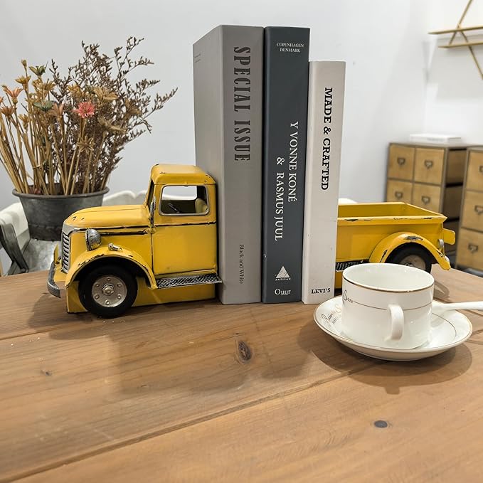 Decorative Book Ends Vintage Bookends: Metal Truck Book Stopper for Kid Books for Grandson Men Teen - Farmhouse Decor for Bookcase Shelf Table Coffee Bar Office Home Yellow