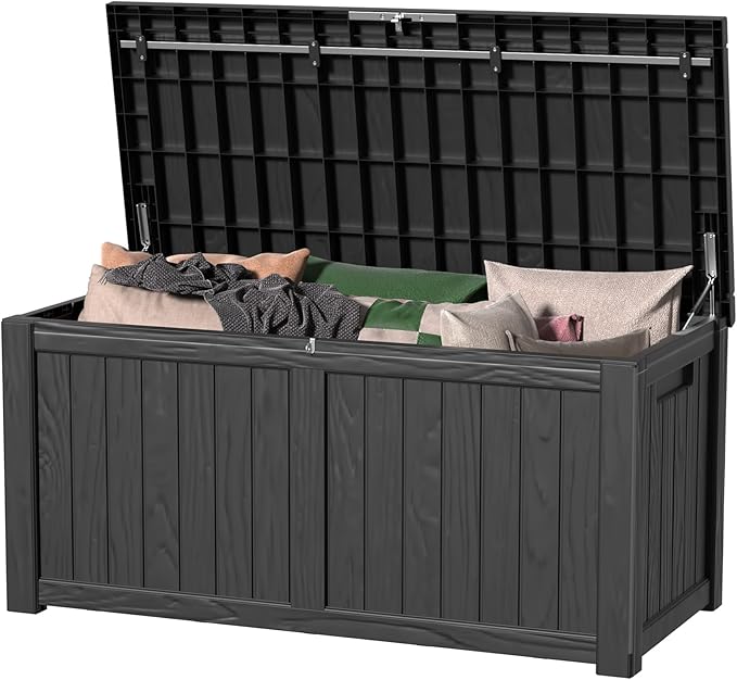 120 Gallon Deck Box,Resin Outdoor Storage Box with Lockable for Patio Furniture, Pool Accessories, Garden Tools Waterproof Outside Storage Box, Black