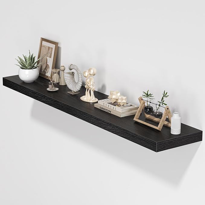 Floating Shelves for Wall, 55"W x 9.3"D x 1.5"H, Long Wooden Wall Mounted Display Shelves with Invisible Brackets for Living Room, Bedroom, Bathroom, Kitchen Decor and Storage, Set of 1, Black