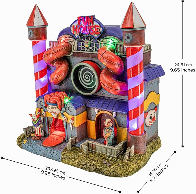 Carnival Funhouse Clown Theme Spooky Halloween Village Multi-Color LED Lights, Motion and Music 9.25" x 5.75" x 9.5"