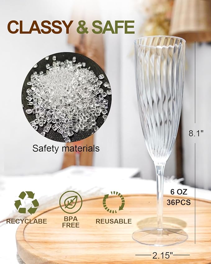 Plastic Champagne Flutes, 36 PCS Clear Disposable Wine Glasses Reusable Plastic Cocktail Cups for Home Daily Life Party Birthday Wedding Toasting Drinking Champagne(6 oz)