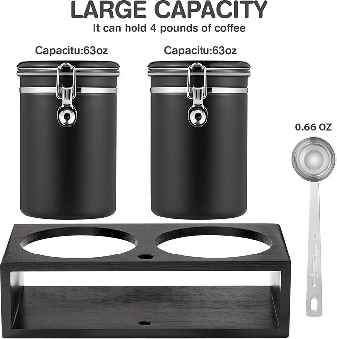 Yangbaga Ground Coffee Storage Container with Shelf, 2×63OZ 304 Stainless Steel Coffee and Sugar Container,Airtight Coffee Canisters with Scoop, Food Storage Jars for Kitchen,Nuts,Tea,Sugar