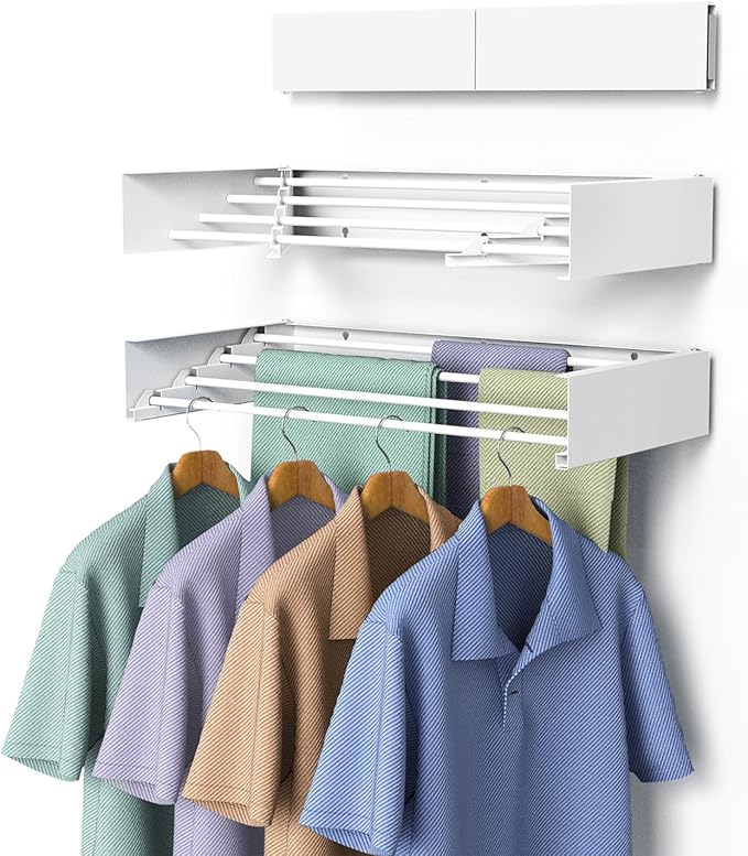 Laundry Drying Rack Collapsible, Wall Mounted Clothes Drying Rack, Space Saving Foldable Drying Rack for Laundry, 23.6" Wide, 11.2 Linear Ft, 4 Aluminum Rods, 60 lb Capacity