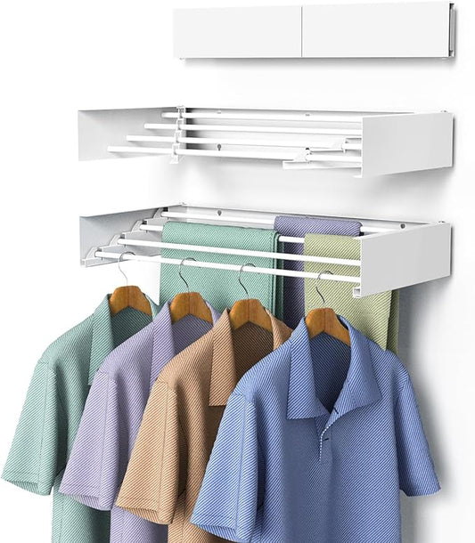 Laundry Drying Rack Collapsible, Wall Mounted Clothes Drying Rack, Space Saving Foldable Drying Rack for Laundry, 23.6" Wide, 11.2 Linear Ft, 4 Aluminum Rods, 60 lb Capacity
