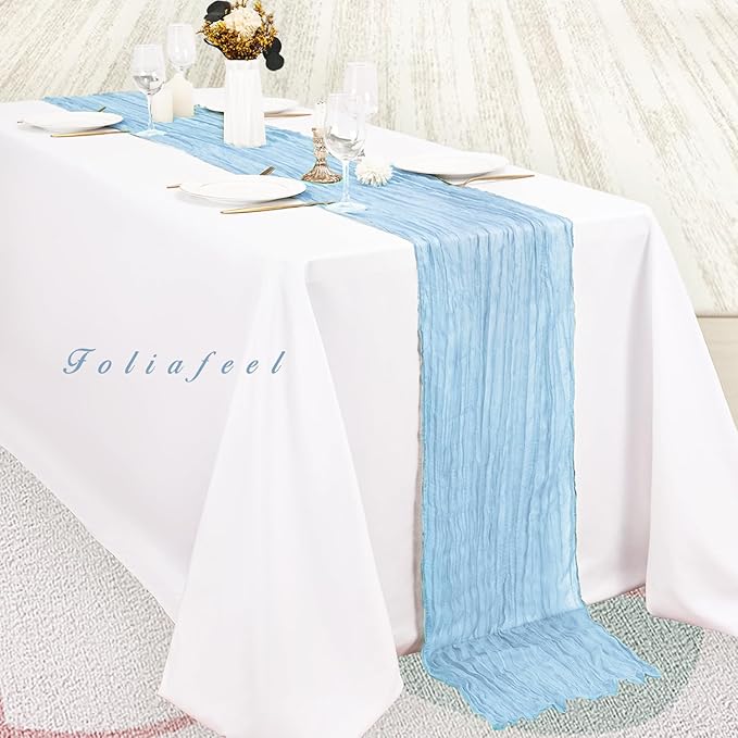 12 Pack Baby Blue Cheesecloth Table Runner 20 x 120 Inch Long Rustic Gauze Cheese Cloth Table Runner for Wedding 10FT Bridal Baby Shower Table Decorations Boho Fabric Sheer Birthday Party Table Decor