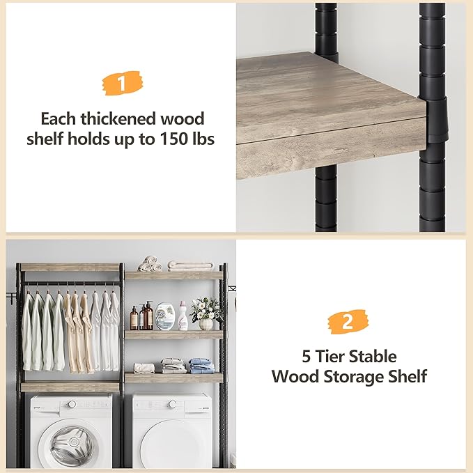 Double Row Over Washer and Dryer Storage Shelves, Laundry Room Organization and Storage, Heavy Duty Laundry Room Shelves, with Adjustable Height, 5-Tier