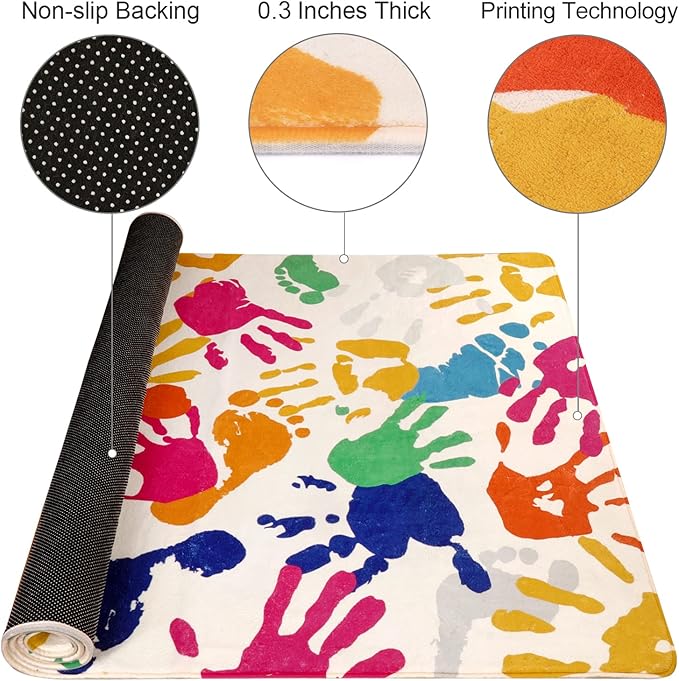 STARUIA Handprints and Footprints Large Kids Rug 5'x7', Washable Colorful Area Rug for Nursery Room, Non-Slip Play Mat Ultra Soft Indoor Carpet for Bedroom Playroom Classroom