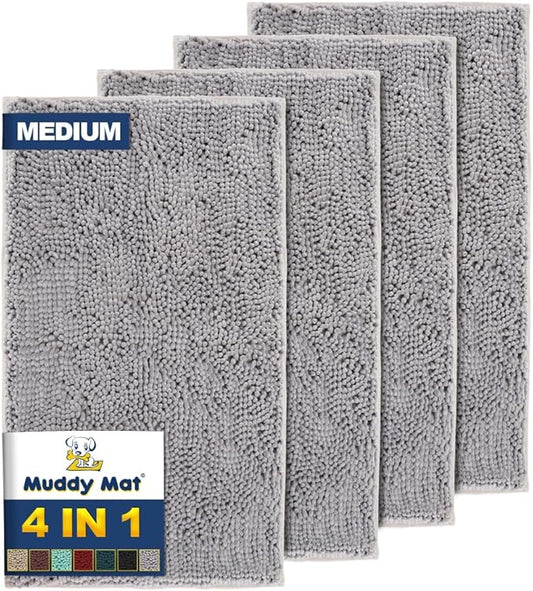 Muddy Mat® 4-Piece Grey Medium 30"X19" AS-SEEN-ON-TV Highly Absorbent Microfiber Door Mat, Bath Mat and Pet Rug, Non Slip Thick Washable, Soft Chenille for Kitchen Bathroom Bedroom Indoor and Outdoor