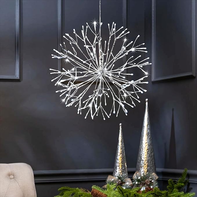 Christmas led Sparkle Ball Hanging Outdoor décorations -Haning Twig Ball,Snowflake Ornament Lights Indoor Outdoor Festive Holiday Décor 24Inch (Cool White)