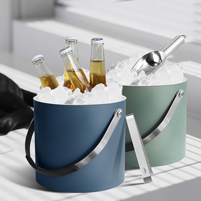 3L Ice Bucket with Silicone Lid, Scoop, Tongs & Strainer, Stainless Steel Double Wall Insulated Ice Buckets for Parties & Cocktail Bar, Outdoor Champagne Ice Container Bin, Navy
