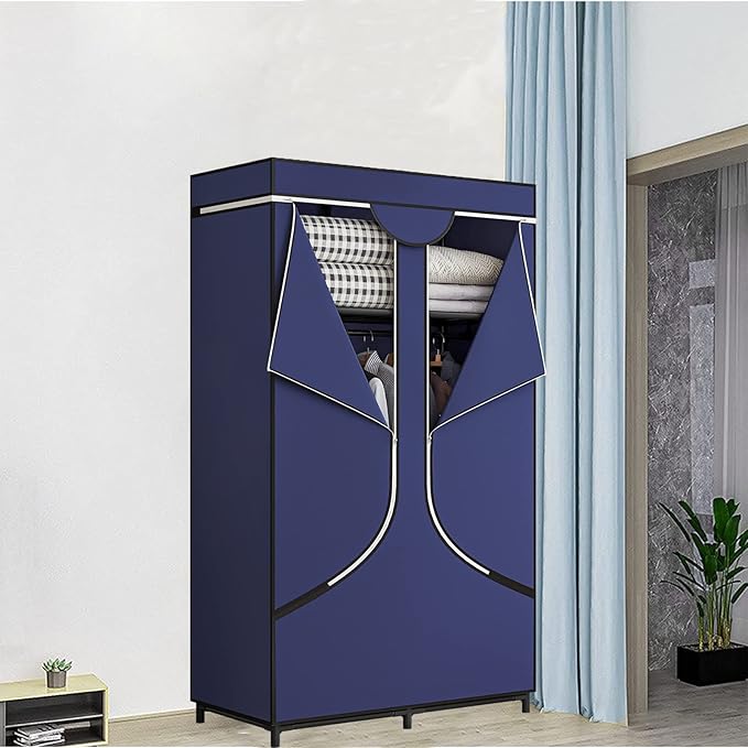 SORCEDAS Portable Wardrobe Closet Storage Organizer Metal Hanging Rack Non-Woven Fabric 34 Inch Coffee (34 Inch, Blue)