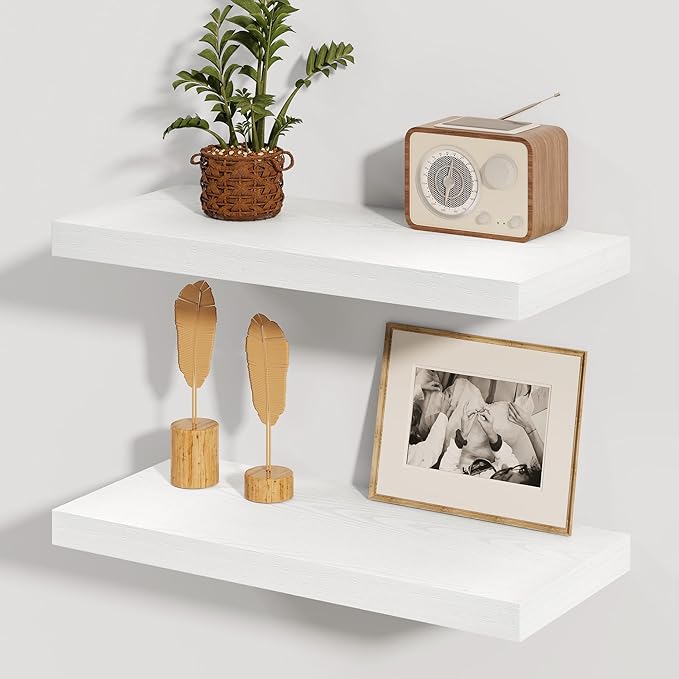 Fun Memories White Floating Shelves, 8 Inch Deep Wall Shelves Set of 2, Rustic Deep Shelves for Wall Storage, 24 x 8 Floating Shelves, 8" Deep White Shelves for Bedroom, Living Room, Kitchen