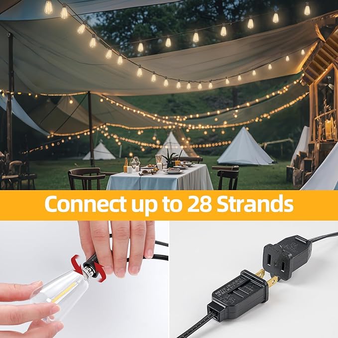ST38 50FT LED Outdoor String Lights with 25+2 Spare Bulbs, E12 Socket, 2700K Warm White-for Backyard, Wedding, Camping, Porch, Deck, Gazebo, Bistro Decor