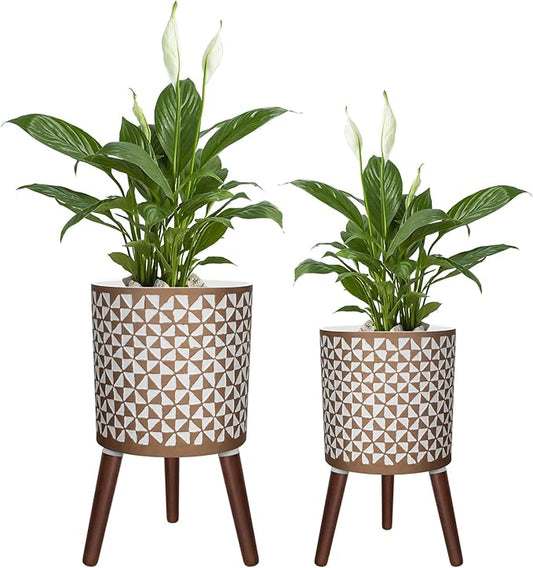 10 & 12 Inches Plant Pot with Stand, Large Modern Standing Planters for Indoor Outdoor Plants with Drainage Holes, Big Gold Floral Embossed Flower Pots with Legs